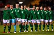 21 October 2021; The Republic of Ireland team stand for Amhrán na bhFiann before the FIFA Women's World Cup 2023 qualifier group A match between Republic of Ireland and Sweden at Tallaght Stadium in Dublin. Photo by Eóin Noonan/Sportsfile