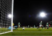 21 October 2021; Louise Quinn of Republic of Ireland deflects the ball into her own net for Sweden's first goal during the FIFA Women's World Cup 2023 qualifier group A match between Republic of Ireland and Sweden at Tallaght Stadium in Dublin. Photo by Stephen McCarthy/Sportsfile