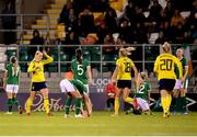 21 October 2021; Stina Blackstenius of Sweden, left, celebrates after her side's first goal during the FIFA Women's World Cup 2023 qualifier group A match between Republic of Ireland and Sweden at Tallaght Stadium in Dublin. Photo by Stephen McCarthy/Sportsfile