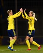 21 October 2021; Nilla Fischer, left, and Amanda Ilestedt of Sweden celebrate after the FIFA Women's World Cup 2023 qualifier group A match between Republic of Ireland and Sweden at Tallaght Stadium in Dublin. Photo by Eóin Noonan/Sportsfile
