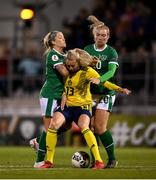 21 October 2021; Amanda Ilestedt of Sweden in action against Denise O'Sullivan, left, and Saoirse Noonan of Republic of Ireland during the FIFA Women's World Cup 2023 qualifier group A match between Republic of Ireland and Sweden at Tallaght Stadium in Dublin. Photo by Stephen McCarthy/Sportsfile