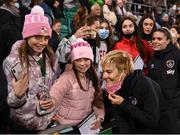 21 October 2021; Republic of Ireland manager Vera Pauw and Jamie Finn pose for selfies with supporters after the FIFA Women's World Cup 2023 qualifier group A match between Republic of Ireland and Sweden at Tallaght Stadium in Dublin. Photo by Stephen McCarthy/Sportsfile