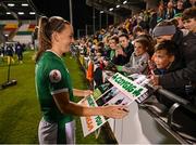 21 October 2021; Katie McCabe of Republic of Ireland signs a poster after the FIFA Women's World Cup 2023 qualifier group A match between Republic of Ireland and Sweden at Tallaght Stadium in Dublin. Photo by Stephen McCarthy/Sportsfile