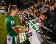 21 October 2021; Katie McCabe of Republic of Ireland signs a poster after the FIFA Women's World Cup 2023 qualifier group A match between Republic of Ireland and Sweden at Tallaght Stadium in Dublin. Photo by Stephen McCarthy/Sportsfile