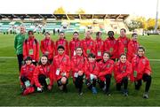 21 October 2021; Bohemians U12 girls team who were assigned the duty of ballkids and Amber Barrett of Republic of Ireland before the FIFA Women's World Cup 2023 qualifier group A match between Republic of Ireland and Sweden at Tallaght Stadium in Dublin. Photo by Stephen McCarthy/Sportsfile