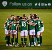 21 October 2021; Republic of Ireland players huddle before the FIFA Women's World Cup 2023 qualifier group A match between Republic of Ireland and Sweden at Tallaght Stadium in Dublin. Photo by Stephen McCarthy/Sportsfile