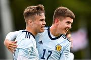 22 October 2021; Daniel Cummings, left, and Alexander Hutton of Scotland celebrate after the Victory Shield match between Wales and Scotland at Blanchflower Park in Belfast. Photo by Ramsey Cardy/Sportsfile