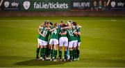 21 October 2021; Republic of Ireland players huddle before the FIFA Women's World Cup 2023 qualifier group A match between Republic of Ireland and Sweden at Tallaght Stadium in Dublin. Photo by Stephen McCarthy/Sportsfile