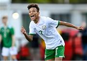 22 October 2021; Trent Kone Doherty of Republic of Ireland celebrates his side's first goal scored by Cian Mulvilhill during the Victory Shield match between Northern Ireland and Republic of Ireland at Blanchflower Park in Belfast. Photo by Ramsey Cardy/Sportsfile