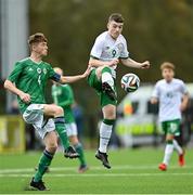 22 October 2021; Cian Mulvilhill of Republic of Ireland in action against Kyle McCloskey of Northern Ireland during the Victory Shield match between Northern Ireland and Republic of Ireland at Blanchflower Park in Belfast. Photo by Ramsey Cardy/Sportsfile