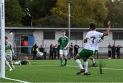 22 October 2021; Trent Kone Doherty of Republic of Ireland shoots to score his side's second goal during the Victory Shield match between Northern Ireland and Republic of Ireland at Blanchflower Park in Belfast. Photo by Ramsey Cardy/Sportsfile