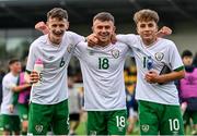 22 October 2021; Freddie Turley, left, Taylor Mooney, centre, and Naz Raji of Republic of Ireland after their victory in the Victory Shield match between Northern Ireland and Republic of Ireland at Blanchflower Park in Belfast. Photo by Ramsey Cardy/Sportsfile
