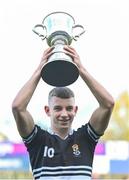 22 October 2021; Newbridge College captain Paddy Taylor lifts the cup after his side's victory in the Bank of Ireland Leinster Schools Junior Cup Final match between Blackrock College and Newbridge College at Energia Park in Dublin. Photo by Piaras Ó Mídheach/Sportsfile