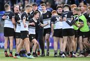 22 October 2021; Daniel Connolly of Newbridge College, 9, celebrates with team-mates after their side's victory in the Bank of Ireland Leinster Schools Junior Cup Final match between Blackrock College and Newbridge College at Energia Park in Dublin. Photo by Piaras Ó Mídheach/Sportsfile