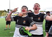 22 October 2021; Newbridge College players John R Walsh, left, and Calum Murphy, 12, celebrate after their side's victory in the Bank of Ireland Leinster Schools Junior Cup Final match between Blackrock College and Newbridge College at Energia Park in Dublin. Photo by Piaras Ó Mídheach/Sportsfile