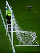 22 October 2021; Dalymount Park ground staff erect the goal netting before the Extra.ie FAI Cup Semi-Final match between Bohemians and Waterford at Dalymount Park in Dublin. Photo by Eóin Noonan/Sportsfile