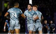 22 October 2021; Hugo Keenan of Leinster celebrates with team-mate Adam Byrne, 14, after scoring their side's second try during the United Rugby Championship match between Glasgow Warriors and Leinster at Scotstoun Stadium in Glasgow, Scotland. Photo by Harry Murphy/Sportsfile