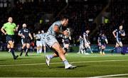 22 October 2021; Hugo Keenan of Leinster on the way to scoring his side's second try during the United Rugby Championship match between Glasgow Warriors and Leinster at Scotstoun Stadium in Glasgow, Scotland. Photo by Harry Murphy/Sportsfile