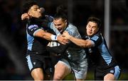 22 October 2021; James Lowe of Leinster is tackled by Sione Tuipulotu, left, and Sam Johnson of Glasgow Warriors during the United Rugby Championship match between Glasgow Warriors and Leinster at Scotstoun Stadium in Glasgow, Scotland. Photo by Harry Murphy/Sportsfile