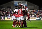 22 October 2021; St Patrick's Athletic players celebrate their first goal, scored by Billy King, hidden, during the Extra.ie FAI Cup Semi-Final match between St Patrick's Athletic and Dundalk at Richmond Park in Dublin. Photo by Ben McShane/Sportsfile