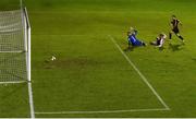 22 October 2021; Patrick Hoban of Dundalk shoots to score his side's first goal, past St Patrick's Athletic goalkeeper Vitezslav Jaros and defender Paddy Barrett, during the Extra.ie FAI Cup semi-final match between St Patrick's Athletic and Dundalk at Richmond Park in Dublin. Photo by Seb Daly/Sportsfile