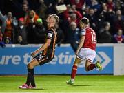 22 October 2021; Matty Smith of St Patrick's Athletic celebrates after scoring his side's second goal, as Dundalk's Daniel Cleary reacts to his side conceding, during the Extra.ie FAI Cup semi-final match between St Patrick's Athletic and Dundalk at Richmond Park in Dublin. Photo by Seb Daly/Sportsfile