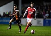 22 October 2021; Chris Forrester of St Patrick's Athletic in action against Sam Stanton of Dundalk during the Extra.ie FAI Cup Semi-Final match between St Patrick's Athletic and Dundalk at Richmond Park in Dublin. Photo by Ben McShane/Sportsfile