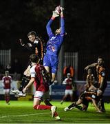 22 October 2021; St Patrick's Athletic goalkeeper Vitezslav Jaros gathers possession ahead of Daniel Kelly of Dundalk during the Extra.ie FAI Cup Semi-Final match between St Patrick's Athletic and Dundalk at Richmond Park in Dublin. Photo by Ben McShane/Sportsfile