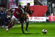 22 October 2021; Robbie Benson of St Patrick's Athletic in action against Daniel Kelly of Dundalk during the Extra.ie FAI Cup Semi-Final match between St Patrick's Athletic and Dundalk at Richmond Park in Dublin. Photo by Ben McShane/Sportsfile