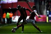 22 October 2021; Daniel Kelly of Dundalk in action against Matty Smith of St Patrick's Athletic during the Extra.ie FAI Cup Semi-Final match between St Patrick's Athletic and Dundalk at Richmond Park in Dublin. Photo by Ben McShane/Sportsfile