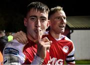 22 October 2021; Darragh Burns of St Patrick's Athletic, left, celebrates with team-mate Ian Bermingham after scoring their side's third goal during the Extra.ie FAI Cup semi-final match between St Patrick's Athletic and Dundalk at Richmond Park in Dublin. Photo by Seb Daly/Sportsfile