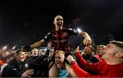 22 October 2021; Georgie Kelly and Bohemians goalkeeper James Talbot celebrate following the Extra.ie FAI Cup Semi-Final match between Bohemians and Waterford at Dalymount Park in Dublin. Photo by Stephen McCarthy/Sportsfile