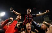 22 October 2021; Georgie Kelly and Bohemians goalkeeper James Talbot celebrate following the Extra.ie FAI Cup Semi-Final match between Bohemians and Waterford at Dalymount Park in Dublin. Photo by Stephen McCarthy/Sportsfile