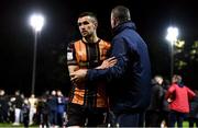 22 October 2021; Michael Duffy of Dundalk is greeted by St Patrick's Athletic manager Alan Mathews after the Extra.ie FAI Cup Semi-Final match between St Patrick's Athletic and Dundalk at Richmond Park in Dublin. Photo by Ben McShane/Sportsfile