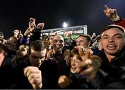 22 October 2021; Georgie Kelly of Bohemians celebrates with supporters following the Extra.ie FAI Cup Semi-Final match between Bohemians and Waterford at Dalymount Park in Dublin. Photo by Stephen McCarthy/Sportsfile