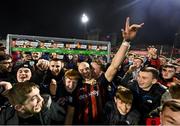 22 October 2021; Georgie Kelly of Bohemians celebrates with supporters following the Extra.ie FAI Cup Semi-Final match between Bohemians and Waterford at Dalymount Park in Dublin. Photo by Stephen McCarthy/Sportsfile
