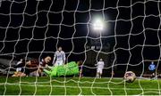 22 October 2021; Georgie Kelly of Bohemians scores his side's goal past Waterford goalkeeper Brian Murphy during the Extra.ie FAI Cup Semi-Final match between Bohemians and Waterford at Dalymount Park in Dublin. Photo by Stephen McCarthy/Sportsfile