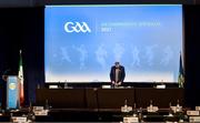 23 October 2021; Uachtarán Chumann Lúthchleas Gael Larry McCarthy studies his notes before the arrival of delegates at the GAA Special Congress at Croke Park in Dublin. Photo by Piaras Ó Mídheach/Sportsfile
