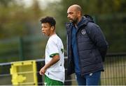 22 October 2021; Republic of Ireland manager Paul Osam and Trent Kone Doherty during the Victory Shield match between Northern Ireland and Republic of Ireland at Blanchflower Park in Belfast. Photo by Ramsey Cardy/Sportsfile