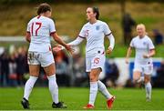 23 October 2021; Grace Clinton of England, centre, celebrates with team-mate Alex Hennessy after scoring her side's first goal during the UEFA Women's U19 Championship Qualifier match between England and Northern Ireland at Jackman Park in Limerick. Photo by Eóin Noonan/Sportsfile