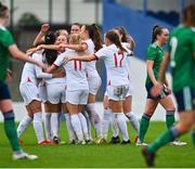 23 October 2021; Deearna Goodwin of England, centre, celebrates with team-mates after scoring her side's second goal during the UEFA Women's U19 Championship Qualifier match between England and Northern Ireland at Jackman Park in Limerick. Photo by Eóin Noonan/Sportsfile