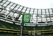 23 October 2021; A general view of a side-line flag in the colours of Connacht before the United Rugby Championship match between Connacht and Ulster at Aviva Stadium in Dublin. Photo by David Fitzgerald/Sportsfile