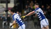 23 October 2021; Paul McDermott of Naas, left, celebrates after scoring his side's first goal with team-mate Dermot Hanifin of Naas during the Kildare County Senior Club Football Championship Semi-Final match between Naas and Maynooth at St Conleth's Park in Newbridge, Kildare. Photo by Harry Murphy/Sportsfile