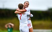 23 October 2021; Agnes Beever-Jones of England celebrates with team-mate Olivia McLoughlin after scoring her side's seventh goal during the UEFA Women's U19 Championship Qualifier match between England and Northern Ireland at Jackman Park in Limerick. Photo by Eóin Noonan/Sportsfile