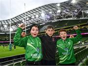23 October 2021; Connacht supporters, from left, Alex Glynn, age 10, Sean Kerrigan, age 12, and Conor Kerrigan, age 10, from Cong, Mayo before the United Rugby Championship match between Connacht and Ulster at Aviva Stadium in Dublin. Photo by David Fitzgerald/Sportsfile