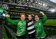 23 October 2021; Connacht supporters, from left, Enya McGarry, age 9, Muireann O'Connell, age 9, and Ava May, age 10, from Ballinrobe, Mayo before the United Rugby Championship match between Connacht and Ulster at Aviva Stadium in Dublin. Photo by David Fitzgerald/Sportsfile