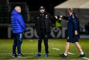 22 October 2021; Glasgow Warriors Head of Athletic Performance Cillian Reardon, centre, with Leinster backs coach Felipe Contepomi and Leinster lead performance analyst Emmet Farrell before the United Rugby Championship match between Glasgow Warriors and Leinster at Scotstoun Stadium in Glasgow, Scotland. Photo by Harry Murphy/Sportsfile