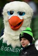 23 October 2021; Connacht mascot Eddie the Eagle poses for a photo with a young supporter before the United Rugby Championship match between Connacht and Ulster at Aviva Stadium in Dublin. Photo by Brendan Moran/Sportsfile