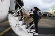 23 October 2021; Áine O'Gorman boards their charter plane at Dublin Airport ahead of the team's flight to Helsinki for their FIFA Women's World Cup 2023 Qualifier against Finalnd on Tuesday. Photo by Stephen McCarthy/Sportsfile