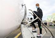 23 October 2021; Manager Vera Pauw boards their charter plane at Dublin Airport ahead of the team's flight to Helsinki for their FIFA Women's World Cup 2023 Qualifier against Finalnd on Tuesday. Photo by Stephen McCarthy/Sportsfile